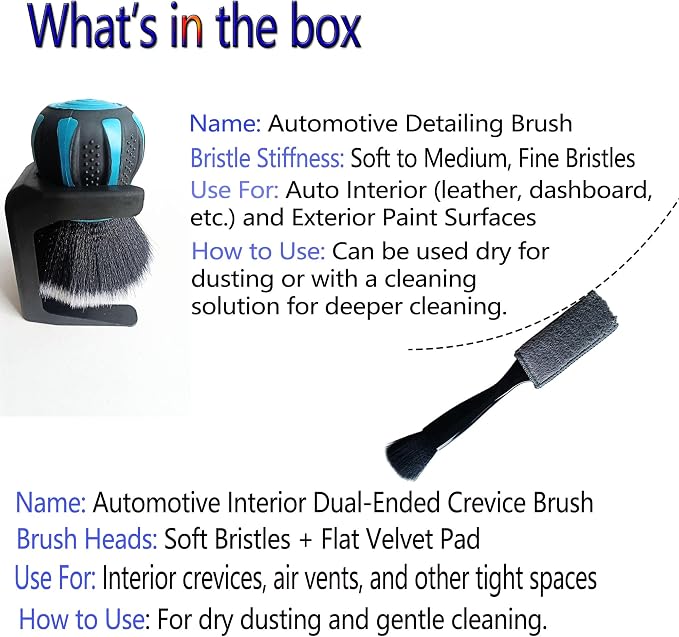 Car Interior Brush and Vent Cleaner Set - Premium Soft Fur Leather Brush & Dual-Ended Detailing Brush for Car Detailing, Vents, Crevices - 2.75inch Ball Head & 8.6inch Gap Brush