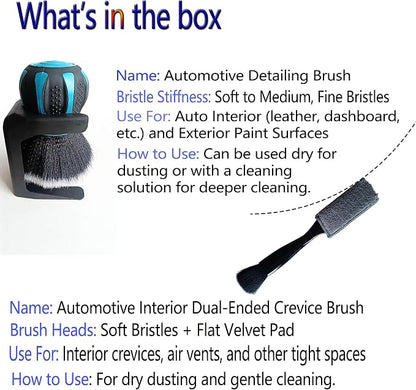 Car Interior Brush and Vent Cleaner Set - Premium Soft Fur Leather Brush & Dual-Ended Detailing Brush for Car Detailing, Vents, Crevices - 2.75inch Ball Head & 8.6inch Gap Brush