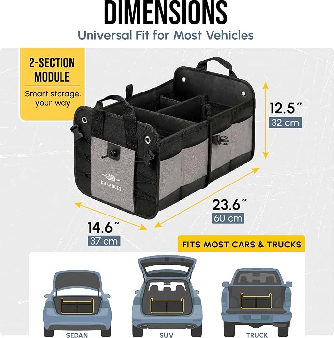 Compact Car Trunk Organizer 2-Section – Grocery, Tools, Cleaning Supplies Storage – Foldable Dual-Compartment Cargo Bin with Cover Net – Gray