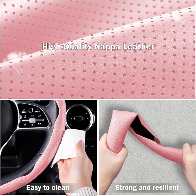 Nappa Leather Car Steering Wheel Cover for Men Women, Ultra-Thin Non-Slip Breathable Microfibre, Universal for 14.5"-15" Steering Wheel - Pink