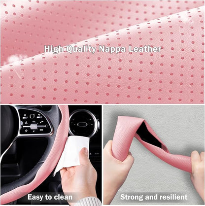 Nappa Leather Car Steering Wheel Cover for Men Women, Ultra-Thin Non-Slip Breathable Microfibre, Universal for 14.5"-15" Steering Wheel - Pink