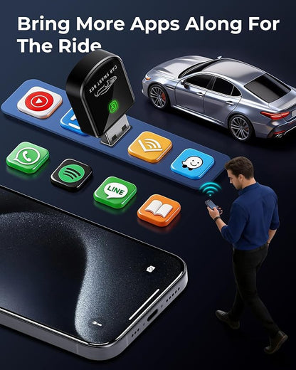 Wireless Carplay Adapter for iPhone Latest Upgrade, Tiny Bluetooth Dongle Convert Wired to Wireless for Apple Car Play Plug & Play, Zero-Lag Auto-Connect GPS Works with 2016+ Cars (Black)