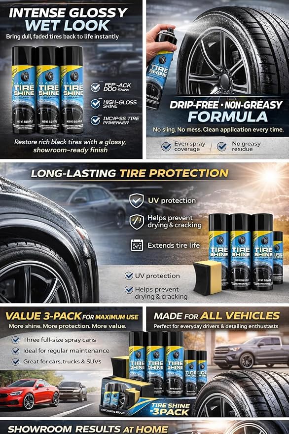 Tire Shine Spray 3 Pack High Gloss Wet Look UV Protection 15oz w/Pad | Professional-grade formula resists water and rain. Safe for all rubber types. Prevents cracking and fading from sun damage.