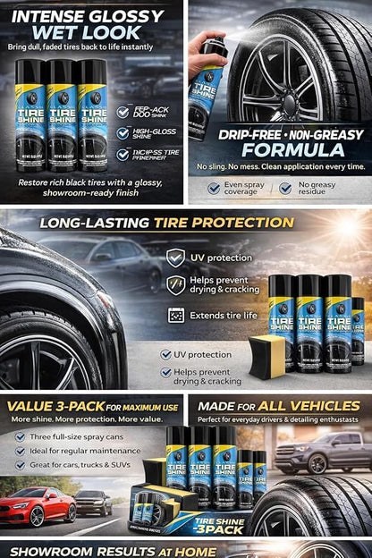 Tire Shine Spray 3 Pack High Gloss Wet Look UV Protection 15oz w/Pad | Professional-grade formula resists water and rain. Safe for all rubber types. Prevents cracking and fading from sun damage.