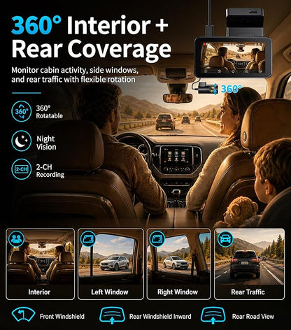 JOMISE 4K Dash Cam Front and Rear, 360° Interior Rear Camera for Cabin, Side & Rear - Dash Camera for Cars with 64GB Card, Low-Light Sensor, Wi-Fi 6 GPS, Touch Screen, HDR WDR, Support 1TB, A80T