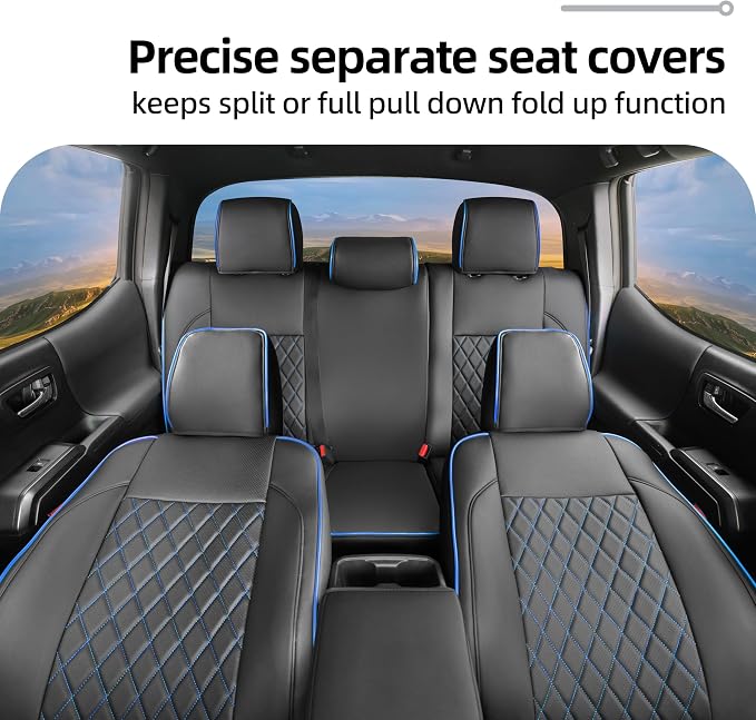 Lolcar Tacoma Car Seat Covers Custom for Select Toyota Tacoma (Only for Hybrid) 2024 2025 2026 Double cab TRD Sport,TRD Off-Road,Limited,Trailhunter -Full Set,Leather (Blue Grid)