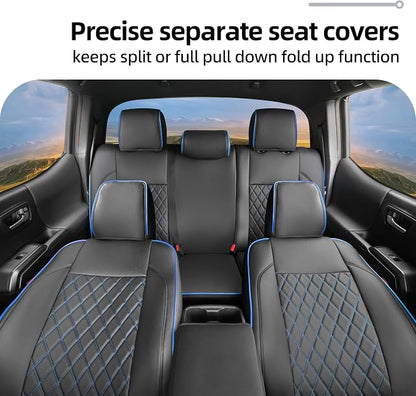 Lolcar Tacoma Car Seat Covers Custom for Select Toyota Tacoma (Only for Hybrid) 2024 2025 2026 Double cab TRD Sport,TRD Off-Road,Limited,Trailhunter -Full Set,Leather (Blue Grid)