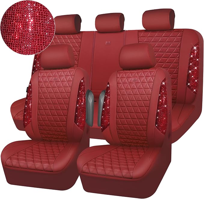 CAR PASS Bling Diamond Burgundy Leather Car Seat Covers Full Sets Interior Sets, Waterproof Shining Glitter Sparkly Crystal Universal Armrest Fit Automotive Truck SUV Cute Women Girl, Red Rhinestone
