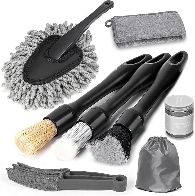 8PCS Car Interior Detailing Kit for Men - 200g Cleaning Gel (185% More Than 70g), Ultra-Soft Detailing Brush Set with Dash Duster, Air Vent Brush & Microfiber Towel