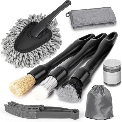 8PCS Car Interior Detailing Kit for Men - 200g Cleaning Gel (185% More Than 70g), Ultra-Soft Detailing Brush Set with Dash Duster, Air Vent Brush & Microfiber Towel