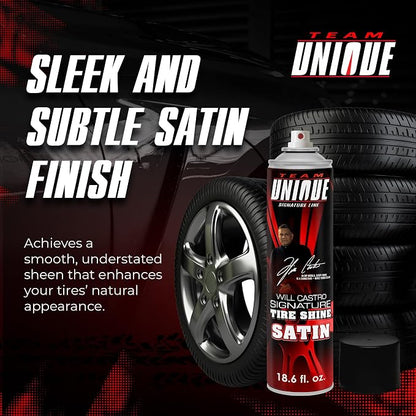 TEAM UNIQUE Tire Shine Satin – 18.6 fl oz | Low-Gloss Satin Tire Shine Spray | UV Protection Against Cracking & Fading | Non-Greasy, Low-Sling Formula for Cars, Trucks & SUVs