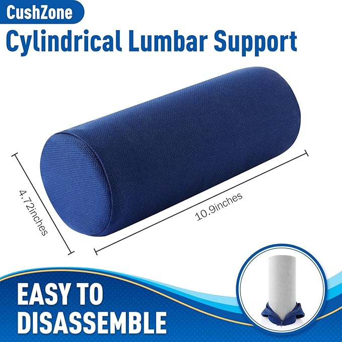 CushZone Lumbar Roll Support Pillow for Office Chair, Car, Gaming Chair, Memory Foam Back Cushion with Washable Cover for Relieving Back Pain & Improving Posture,Blue