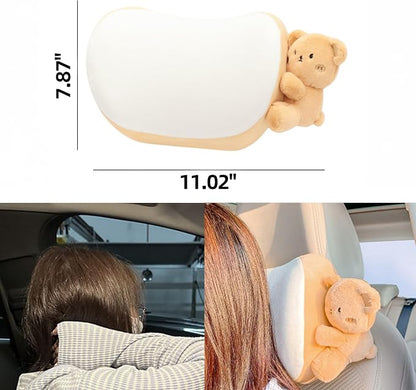 Cute Car Headrest Pillow 2PCS Bear Bunny Car Seat Neck Pillow Memory Foam Neck Support Cushions for Comfortable Driving Easy Install & Washable (Pink+Brown)