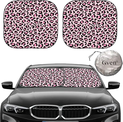 Gven Windshield Sun Shade 2pcs with Bonus Pink Car Sunshade for Front Window Shades 2025 Technology Reflect UV and Heat Sun Visor Automotive Accessories Interior Sun Protection (Pink Leopard, M)