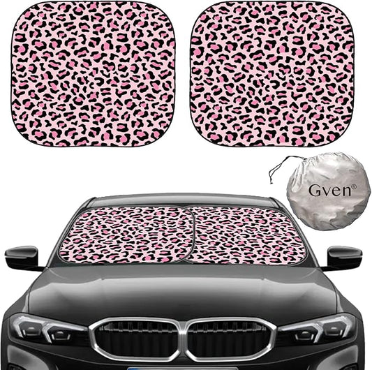 Gven Windshield Sun Shade 2pcs with Bonus Pink Car Sunshade for Front Window Shades 2025 Technology Reflect UV and Heat Sun Visor Automotive Accessories Interior Sun Protection (Pink Leopard, M)
