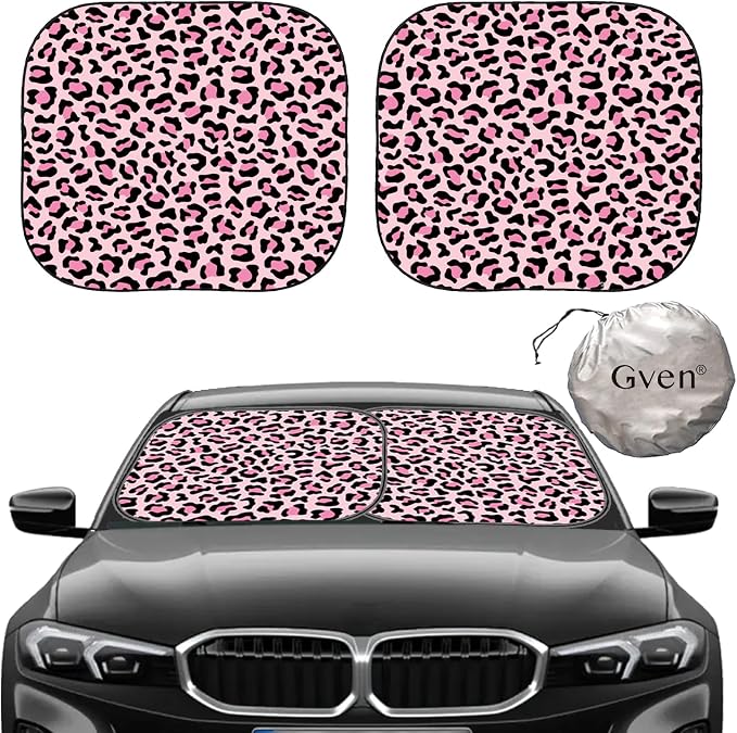 Gven Windshield Sun Shade 2pcs with Bonus Pink Car Sunshade for Front Window Shades 2025 Technology Reflect UV and Heat Sun Visor Automotive Interior Accessories Sun Protection (Pink Leopard, S)