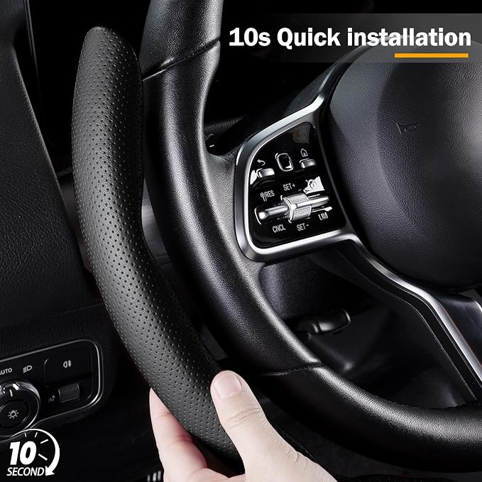 Nappa Leather Car Steering Wheel Cover for Men Women, Ultra-Thin Non-Slip Breathable Microfibre, Universal for 14.5"-15" Steering Wheel - Black
