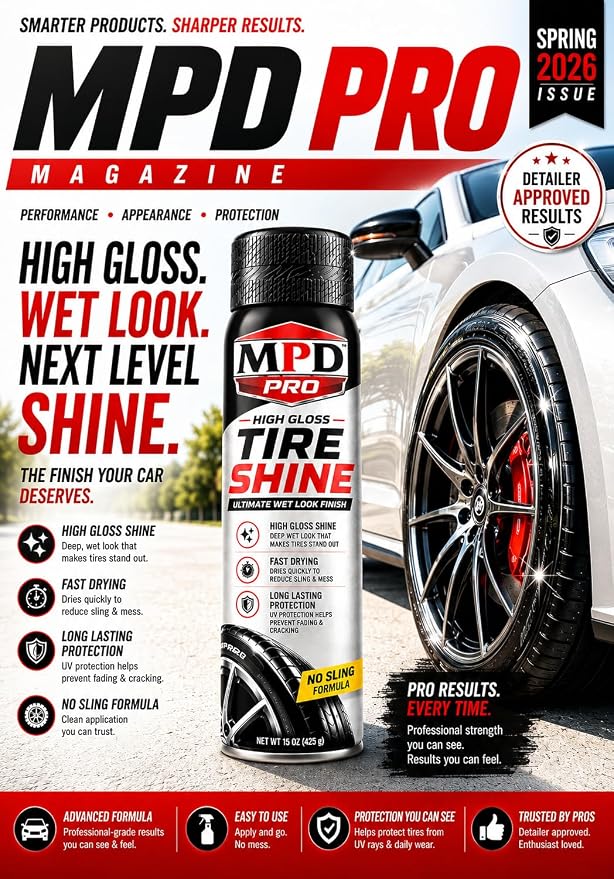 MPD PRO High Gloss Tire Shine Spray – Wet Look Finish, Fast Drying No Sling Formula, Long Lasting Tire & Trim Protection, Professional Automotive Detailing, 15 oz Aerosol