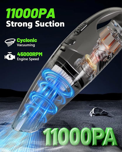 Handheld Vacuum Cordless, 11KPA Strong Suction & 25 Mins Runtime Brushless Motor, Rechargeable Car Vacuum Cleaner with 2 HEPA Filter/Multi-Accessories/Lightweight, for Home/Car/Office Cleaning