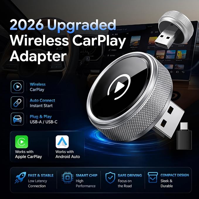 Wireless CarPlay & Android Auto Adapter, 2026 Upgraded 2-in-1 Wireless CarPlay Adapter, Mini Plug & Play, Fast Auto-Connect & No Latency, Easy Setup, Wide Vehicle Compatibility USB & USB-C Port