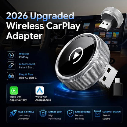 Wireless CarPlay & Android Auto Adapter, 2026 Upgraded 2-in-1 Wireless CarPlay Adapter, Mini Plug & Play, Fast Auto-Connect & No Latency, Easy Setup, Wide Vehicle Compatibility USB & USB-C Port