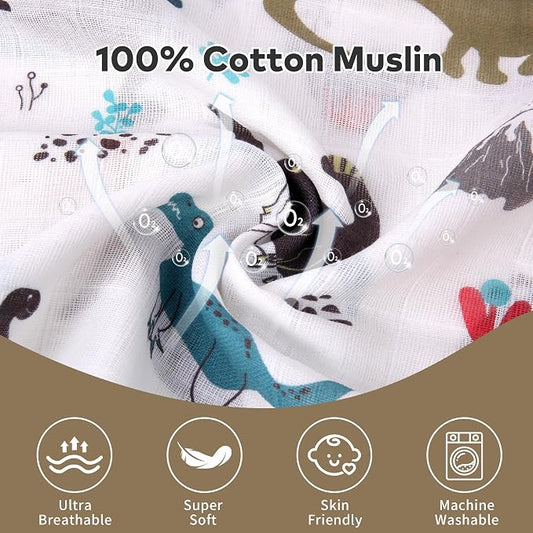 Rquite Baby Boy Car Seat Cover, 100% Muslin Cotton Infant Carseat Canopy, Soft Breathable Stroller Sun Shade & Newborn Shower Gift, Large Size Universal Fit Summer, Hot & Warm Weather (Gray Dinosaur)