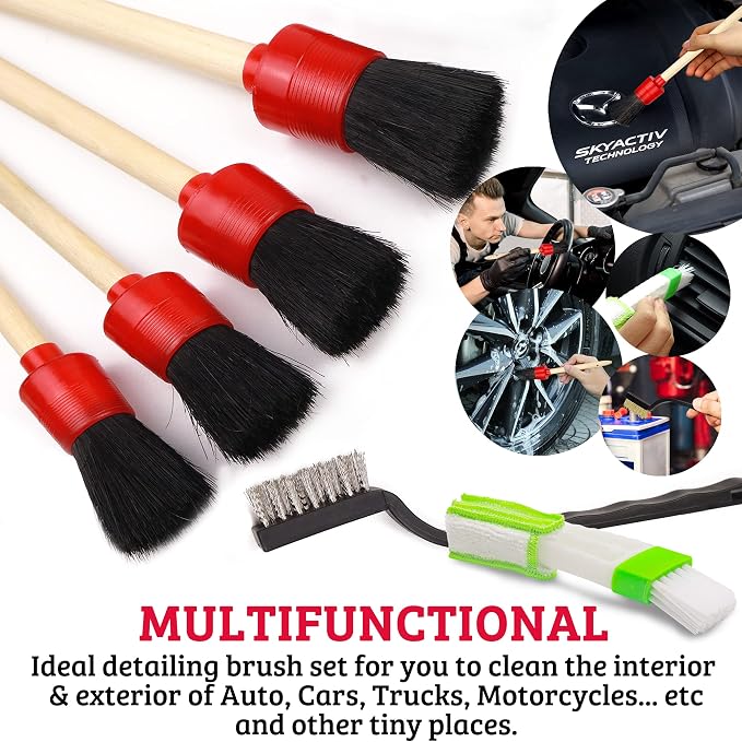 TAKAVU Car Detailing Kit & Detailing Brush Set, 12 Pc - Detail Brushes, Wire Brushes, Vent Duster & Microfiber Towel for Car Interior, Engine Bay, Wheels, Exterior & Motorcycle