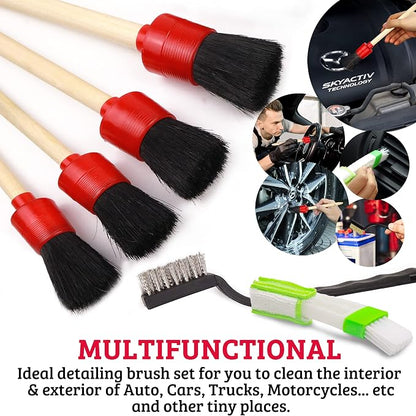 TAKAVU Car Detailing Kit & Detailing Brush Set, 12 Pc - Detail Brushes, Wire Brushes, Vent Duster & Microfiber Towel for Car Interior, Engine Bay, Wheels, Exterior & Motorcycle