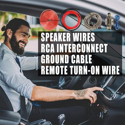 8 Gauge 800W High-Performance Complete Amplifier Wiring Kit - with 60A AGU Fuse Holder, 17Ft Power/Ground Wire, Blue RCA & Speaker Cables | for Professional Car Audio Safe Installation