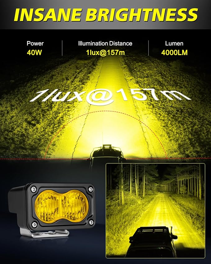3" 40W Yellow Flood LED Pods with Wiring Harness & Black Covers | High Intensity CREE LEDs Yellow Fog Lights Small Chase Lights 2 Packs for Trucks Motorcycle SUV UTV ATV Dirt Bike