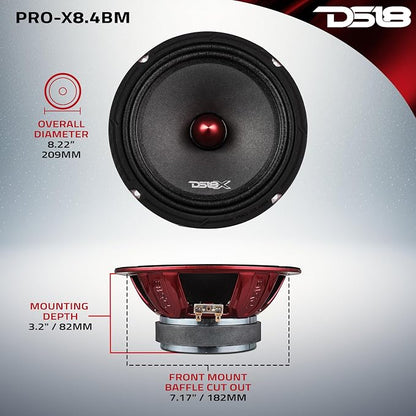 DS18 PRO-X8.4BM Loudspeaker - 8", Midrange, Red Aluminum Bullet, 550W Max, 275W RMS, 4 Ohms - Premium Quality Audio Door Speakers for Car or Truck Stereo Sound System (1 Speaker)