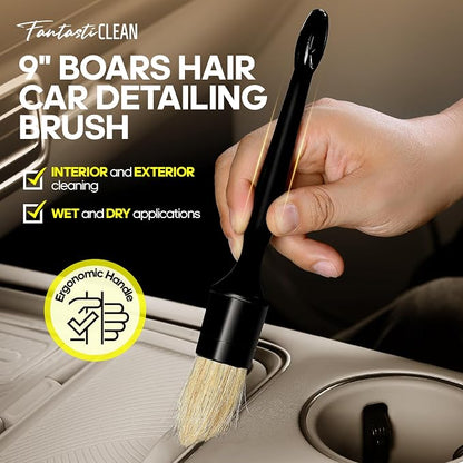 Fantasticlean 9PC Car Detailing Kit，Boars Hair Brush，Horse Hair Bristle，Suede-Coral Cloth，Car Dust Brush，Microfiber Towel & Applicator，Scratch-Free & Ultra-Soft for Leather, Seats & Interior Cleaning
