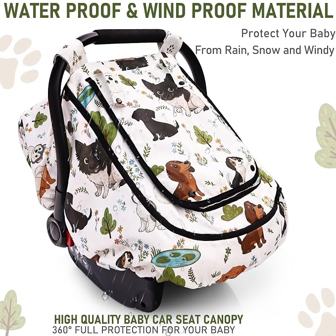 Waterproof Baby Car Seat Cover，YVMVDV Patented Cold Weather Carseat Cover for Babies,Infant Car Seat Cover Canopy for Boy Girls, Keeps Babies Warm and Cozy (Cute Dog)
