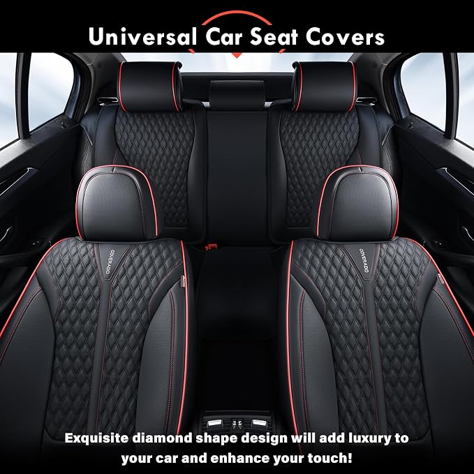 Coverado Car Seat Covers Full Set, Nappa Leather Seat Covers for Cars, Waterproof Front Seat Covers and Back Seat Covers, Car Seat Protector, Car Seat Cover Universal Fit for Most Cars, Black&Red