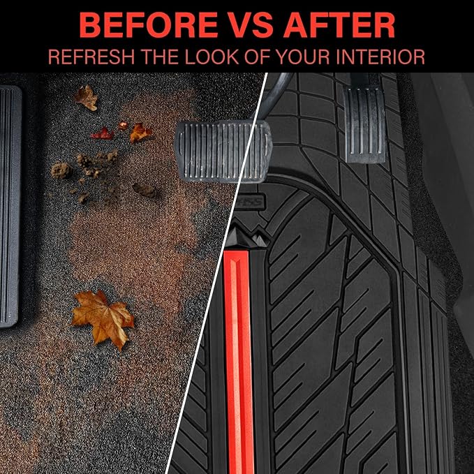 CAR PASS Rubber Floor Mats for Cars, Car Mats Full Sets DeepDish,Universal S~L Size Trim-to Fit Automotive Floor Mat for Truck Van SUV, Heavy Duty Waterproof All-Weather Floor liners Durable Black Red