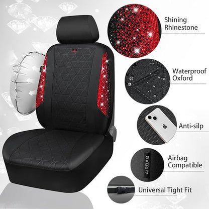 CAR PASS Oxford Bling Diamond Car Seat Covers Full Set Interior Sets, Waterproof Shining Glitter Sparkly Crystal Universal Armrest Fit 95% Automotive Truck SUV Cute Women Girl, Black Red Rhinestone