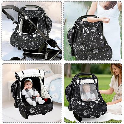 Winter Car Seat Cover Baby with Sunshade & Dual Zipper Windows - Minky Bubble Lined Windproof Soft Shell, Warm Newborn Car Seat Canopy Covers, Elastic Bottom for Stroller & Infant Car Seat, Space