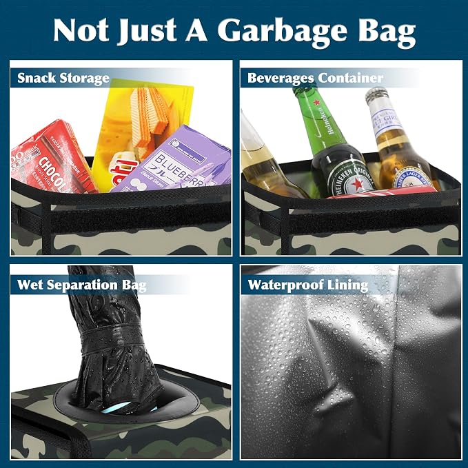 Car Trash Can Leak Proof Car Trash Bag Waterproof Car Garbage Can with Lid for SUV Front Seat Multipurpose Car Hanging for Headrest Collapsible and Portable with Storage Mesh Pocket– Camouflage