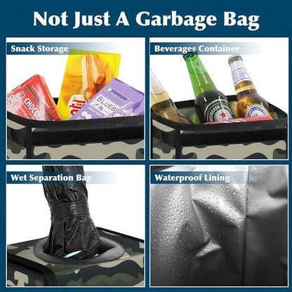 Car Trash Can Leak Proof Car Trash Bag Waterproof Car Garbage Can with Lid for SUV Front Seat Multipurpose Car Hanging for Headrest Collapsible and Portable with Storage Mesh Pocket– Camouflage