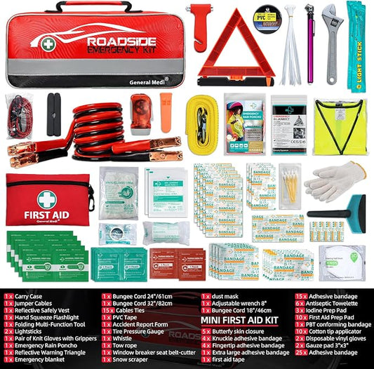 General Medi 127-Pieces Roadside Car Emergency Kit Include Mini First Aid Kit, Jumper Cables,Tow Rope, Bandage, Safety Vest, Emergency Triangle, All in One Pack