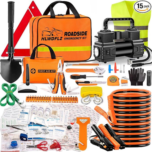 Car Emergency Kit with Portable Air Compressor - Roadside Assistance Emergency Kit with Jumper Cables, First Aid Kit, Auto Tool Set, Winter Safety Kit for Women, Men, Teen (Orange)