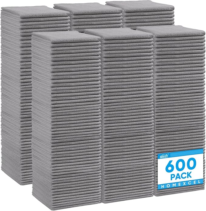HOMEXCEL Grey Microfiber Cleaning Cloth 600 Pack, Microfiber Towel for Cars, Lint Free, Scratch-Free, Highly Absorbent, and Cleaning Rags for House, Window and Glass, Cars, TV Screen 11.5 X11.5 inch