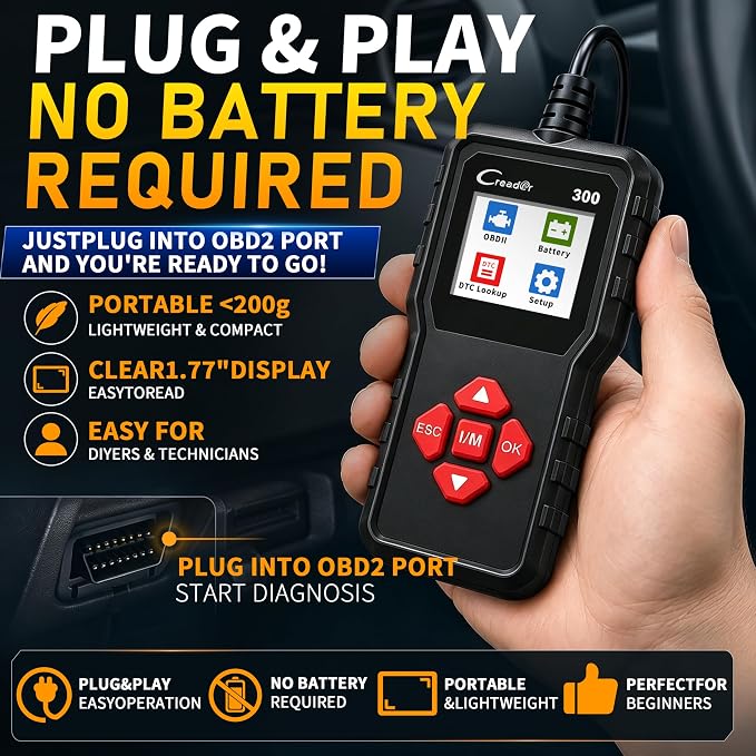 LAUNCH Creader 300 OBD2 Scanner, Car Code Reader with Full 10 OBDII Modes, Read & Clear Codes, Live Data, VIN, Freeze Frame, I/M Readiness, O2 Sensor, DTC Lib, Battery Test for 1996 & Newer Cars