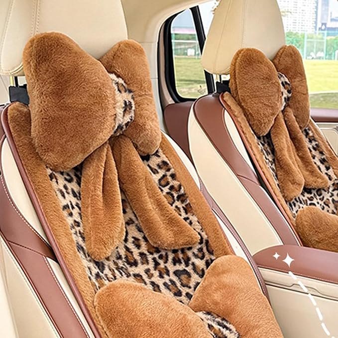 Car Neck Pillow 2PCS Plush Bowknot Car Headrest Pillow – Comfortable Neck Support for Driving Soft Touch Fabric Car Pillow Cute Interior Decor (Brown)