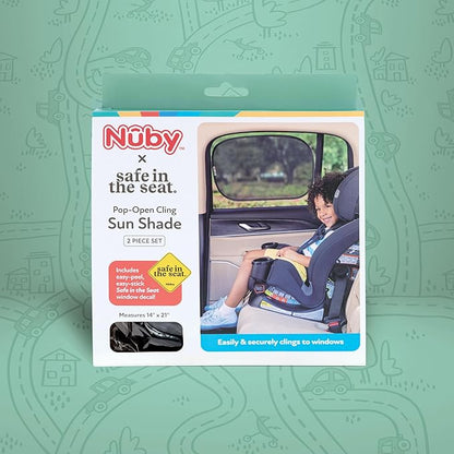 Nuby x Safe in The Seat Pop-Open Car Sun Shades - 2 Piece Set - Static Cling Window Shades for Baby in Car - UV Protection, Easy Install, and Universal Fit