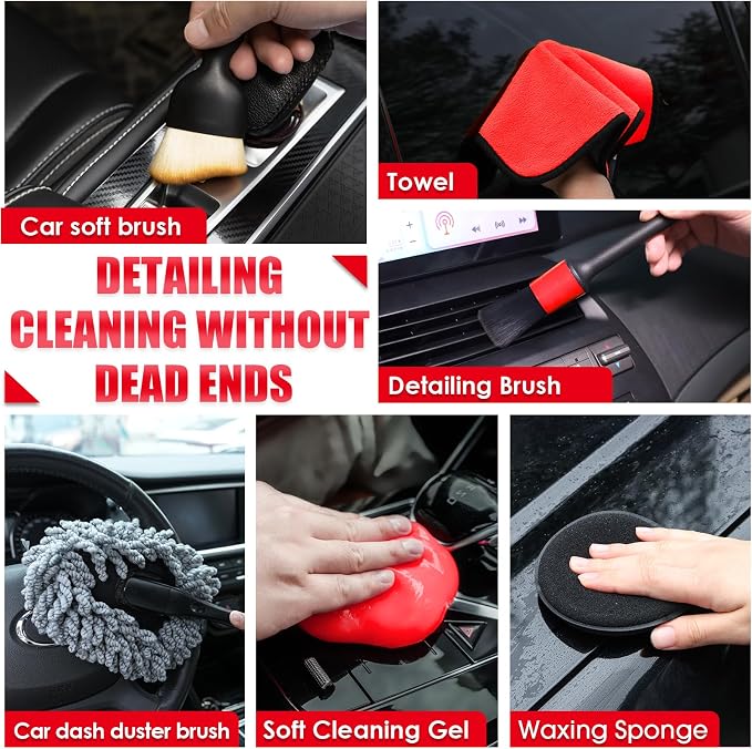 17PCS Car Cleaning Kit, Red Car Interior Detailing Kit with High Power Handheld Vacuum, Detailing Brush Set, Windshield Cleaner, Cleaning Gel, Complete Auto Accessories for Women Girls Gift