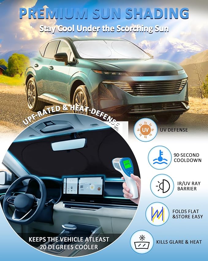 Sun Shade for Murano Windshield Sunshade Custom fit 2015-2024 Nissan Murano Accessories Front Window Cover Retractable Sun Visor Protector Keep Interior Cool UV Blocker