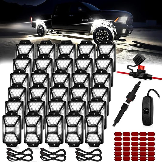 30 Pods Pure White LED Rock Lights Kit with Switch Wiring Harness,6500K 810 LEDs Bright Rock Lights for Trucks,Waterproof Underglow Light for Car Jeep Off Road ATV UTV SUV(Patented)
