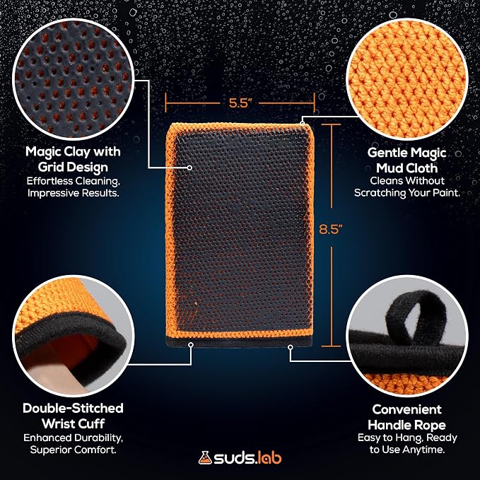 Suds Lab SC Synthetic Clay Mitt for Car Detailing – Reusable Clay Bar Mitt to Remove Paint Overspray, Water Spots, Tree Sap & Rail Dust from Paint, Glass & Plastic