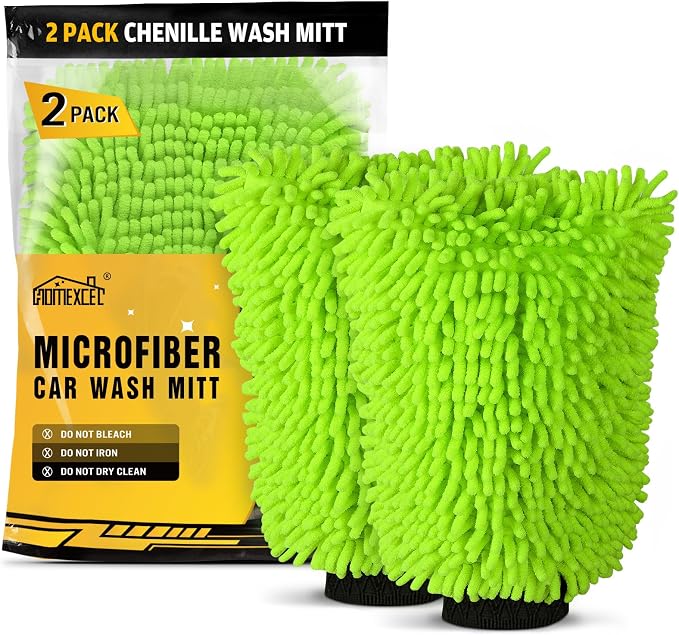 HOMEXCEL Car Wash Mitt, 2PK Chenille Microfiber Wash Mitt, Scratch-Free & Lint-Free, Rich Foam, Highly Absorbent, Double Sided, Perfect for Car Washing and Detailing, 10.2" x 6.7 ", Green